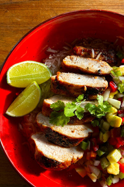 bowl of chicken and salsa