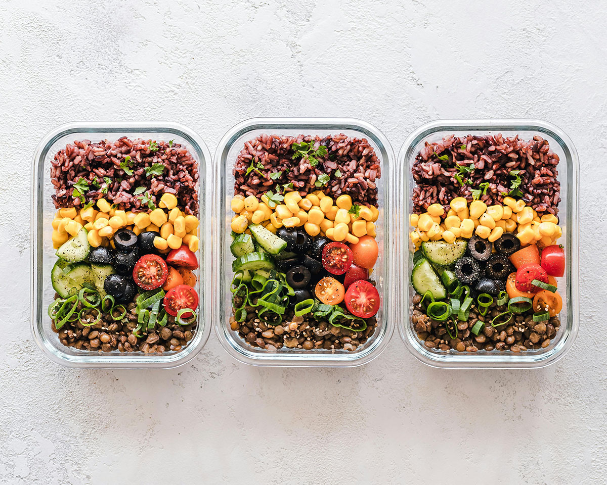 diabetes meal prep with rice, beans, corn and olives