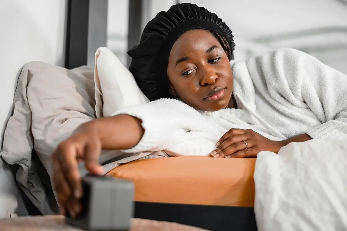 woman in bed setting alarm to breathe and stretch