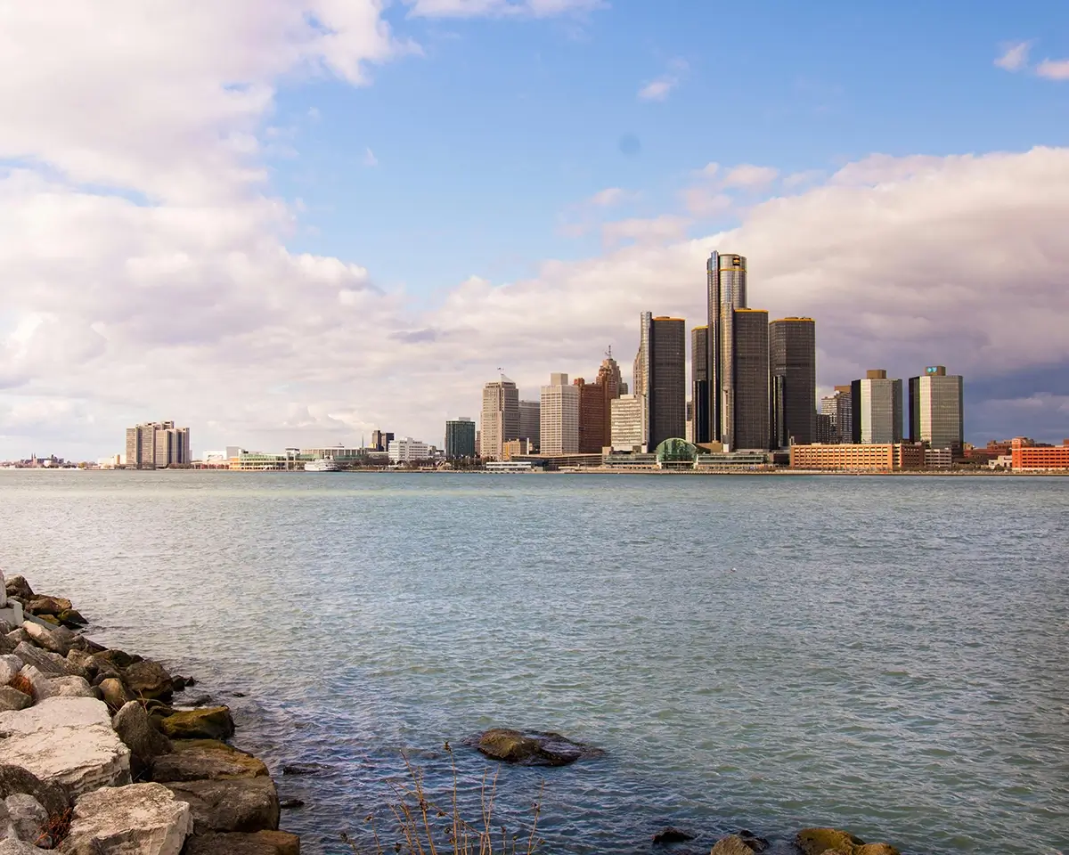 Detroit skyline over water for page on finding a dietitian in Michigan